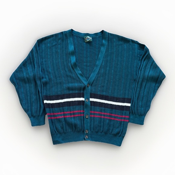 Vintage Jantzen Cardigan Sweater Mens L Green Striped Cotton Knit 90s Classic‎